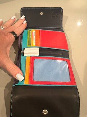 Mywalit NWT Large Snap Wallet Black Pace Rainbow Multicolor Italian Leather